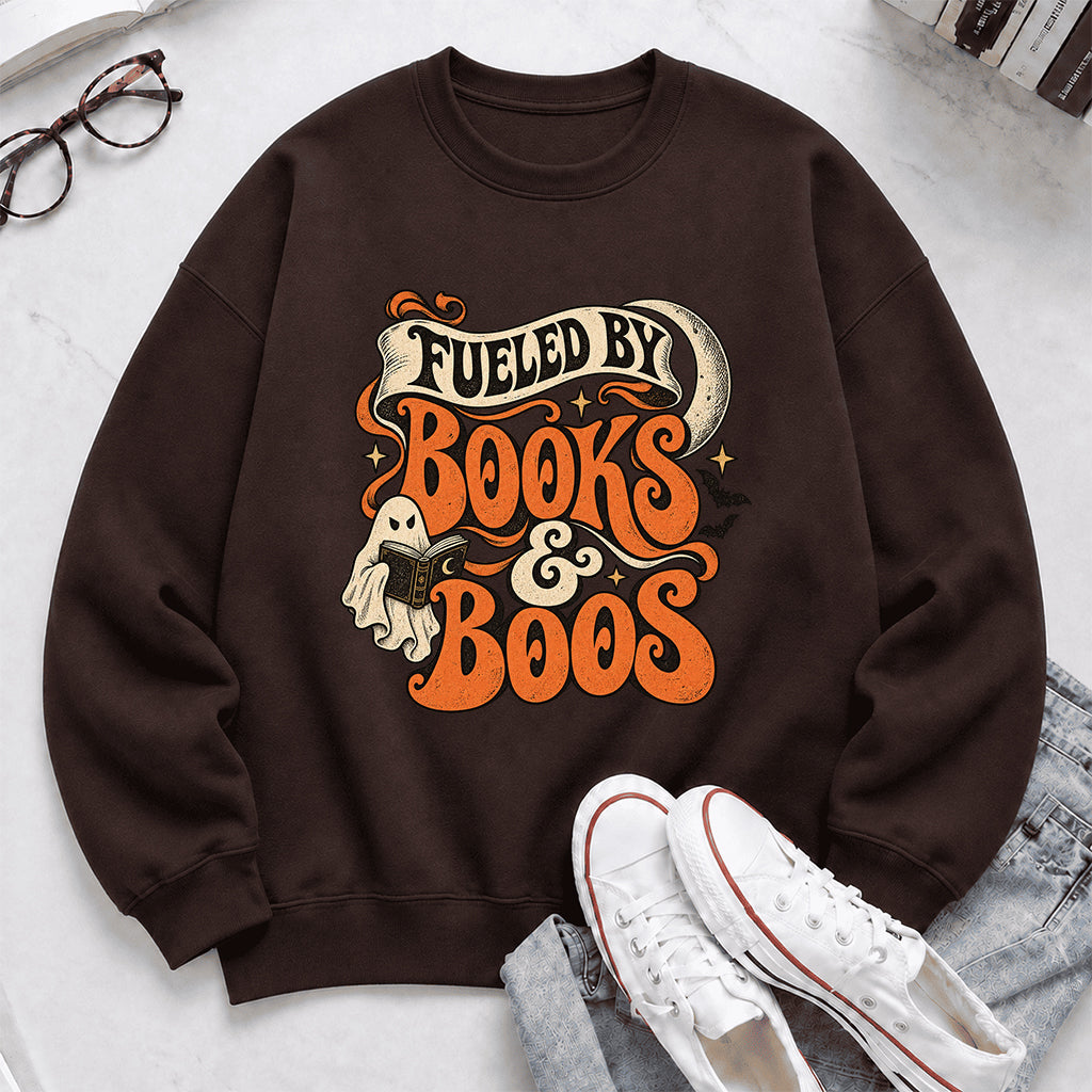 Fueled By Books & Boos Printed Sweatshirt | Halloween Book Lover Gift Dark Chocolate