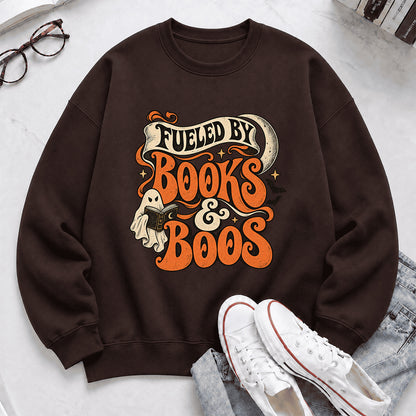 Fueled By Books & Boos Printed Sweatshirt | Halloween Book Lover Gift Dark Chocolate