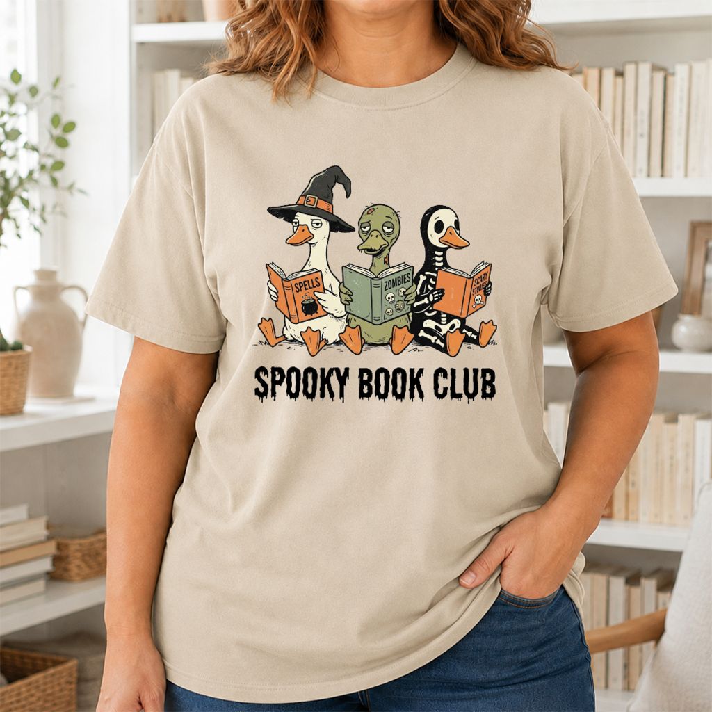 Spooky Book Club Printed T-Shirt | Halloween Book Lover Gift Sand