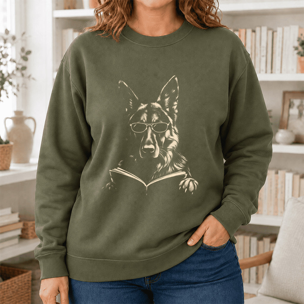 German Shepherd Reading Book Crewneck Sweatshirt | Reader Gift Military Green