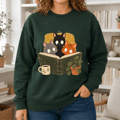Minimal Japanese Cats Reading Crewneck Sweatshirt | Reader Gift Forest Green
