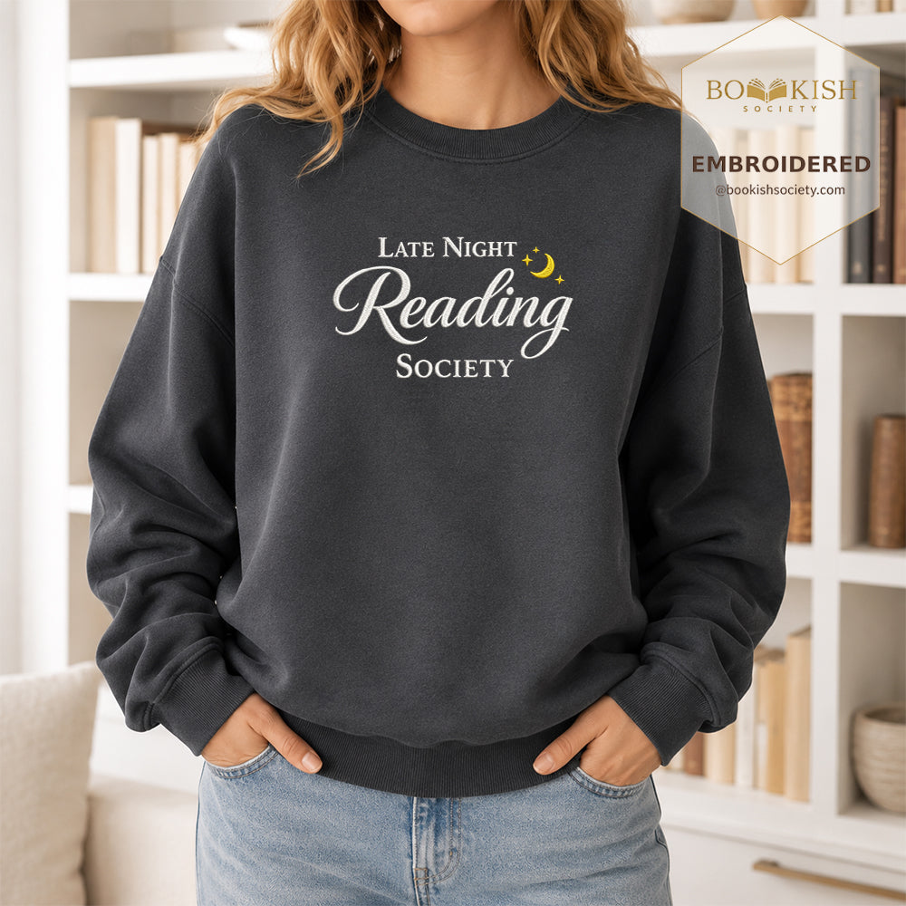 Late Night Reading Society Embroidered Sweatshirt | Reader Gift Dark Heather