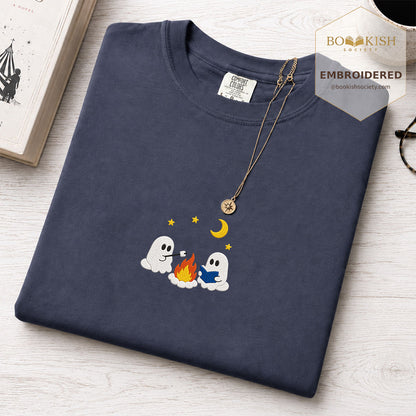 Embroidered Cute Ghost Camping Comfort Color® T-shirt Book Lover Gift Navy