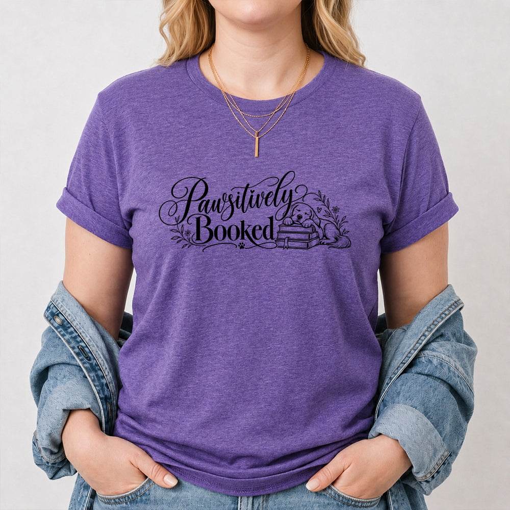 Pawsitively Booked Cotton T-Shirt | Dog Lover & Reader Gift Heather Purple