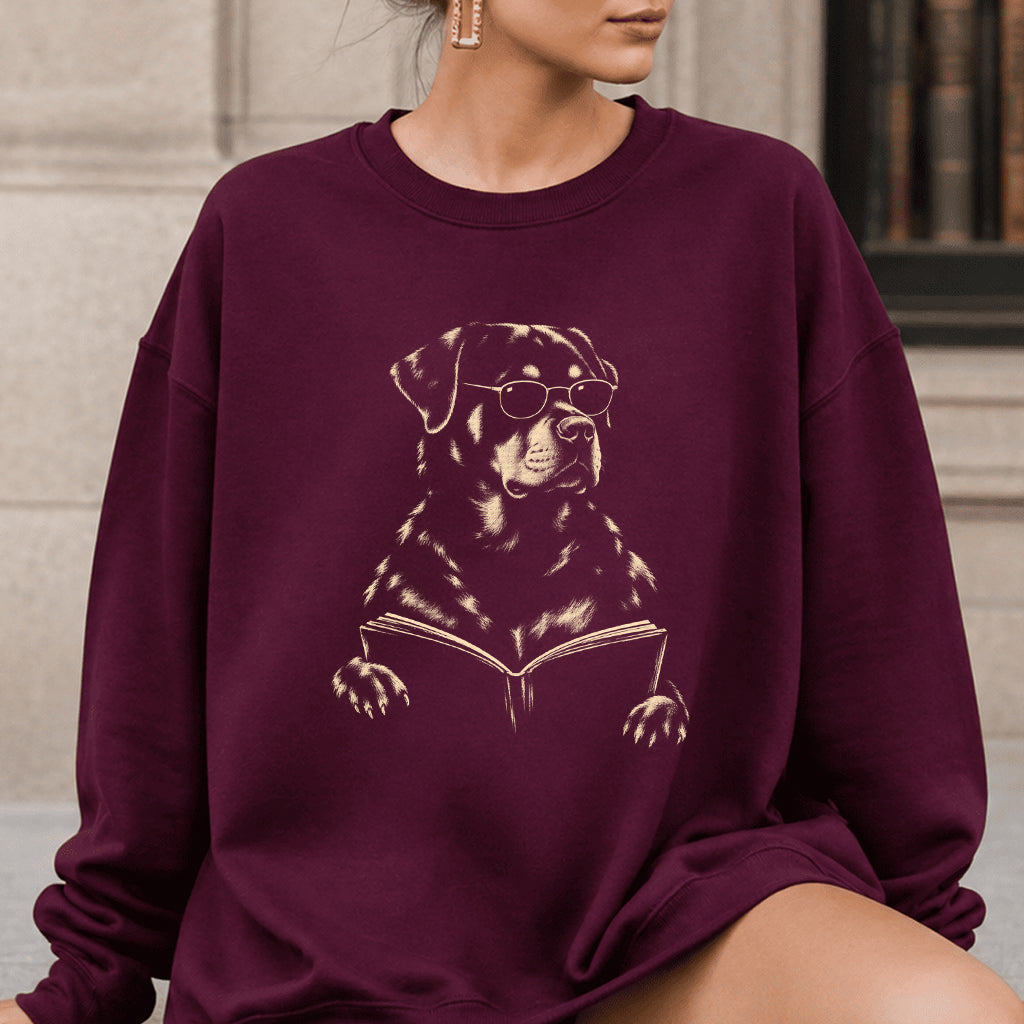 Rottweiler Reading Book Crewneck Sweatshirt | Reader Gift Maroon