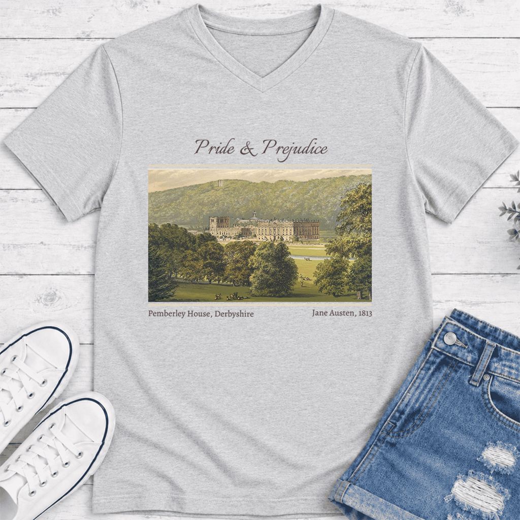 Pemberley House Pride And Prejudice Ultra-Soft V-Neck | Classic Literature Reader Gift Ash