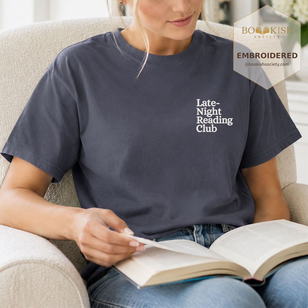 Late Night Reading Club Embroidered Comfort Color® T-shirt | Book Lover Gift Denim