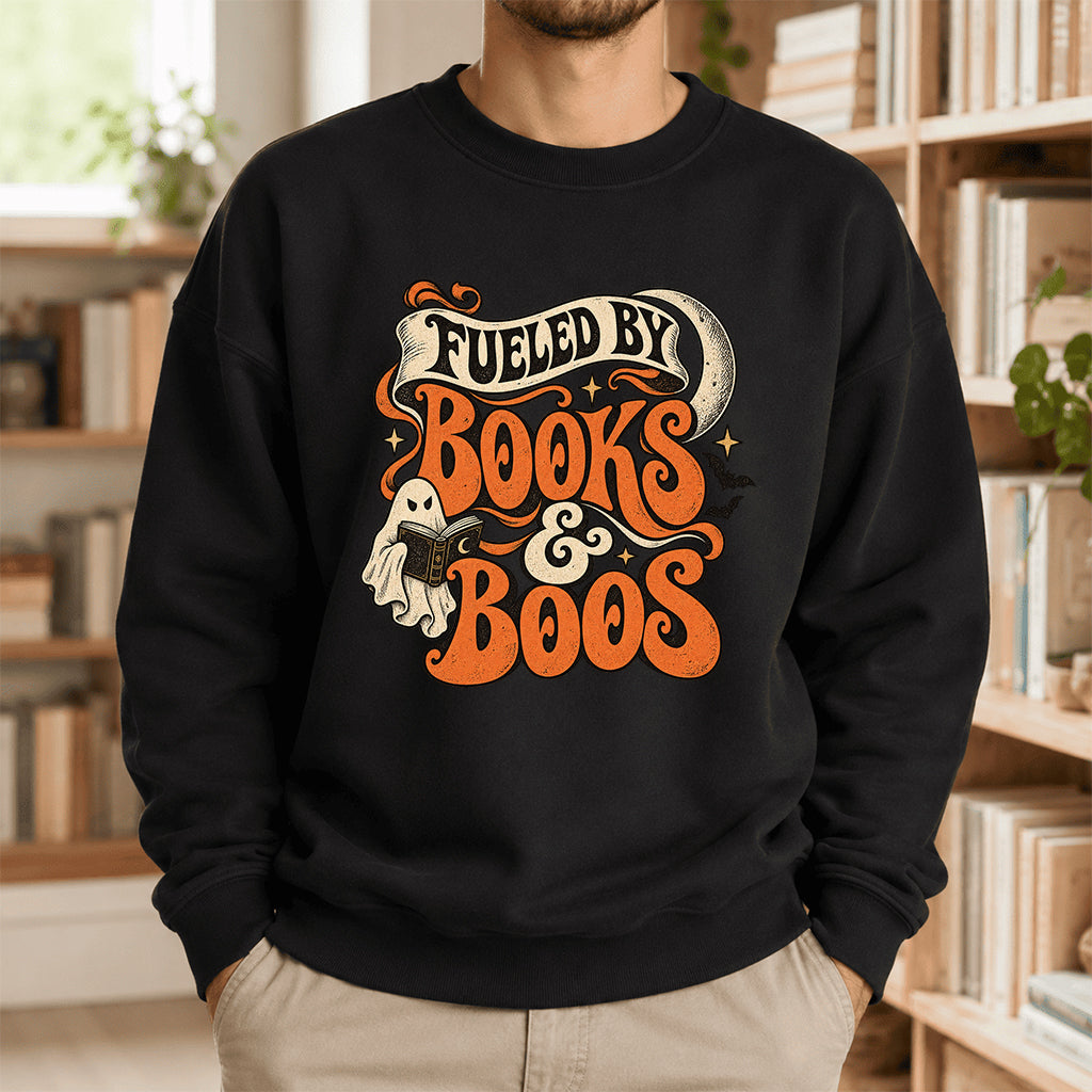 Fueled By Books & Boos Printed Sweatshirt | Halloween Book Lover Gift Black