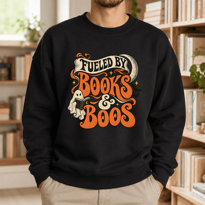 Fueled By Books & Boos Printed Sweatshirt | Halloween Book Lover Gift Black