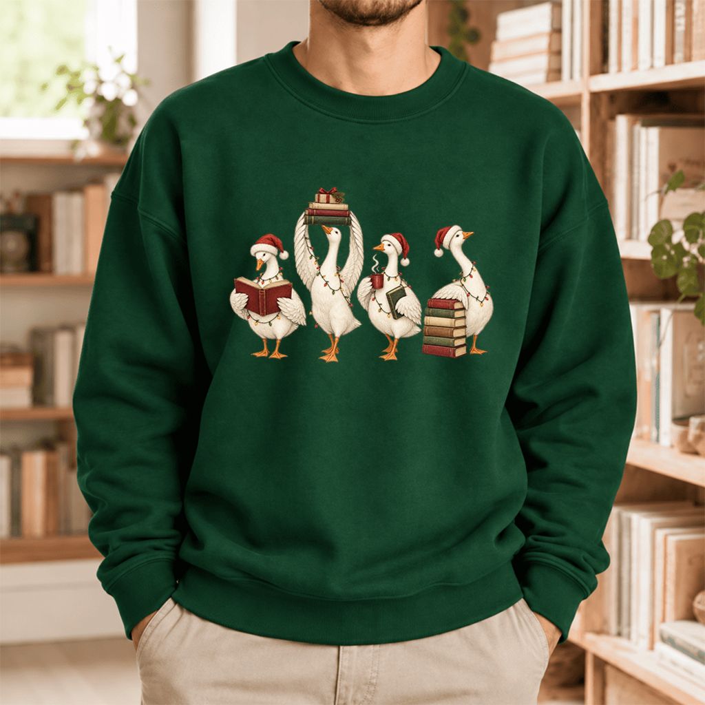 Christmas Reading Ducks Softstyle Sweatshirt | Christmas Book Lover Gift Forest Green