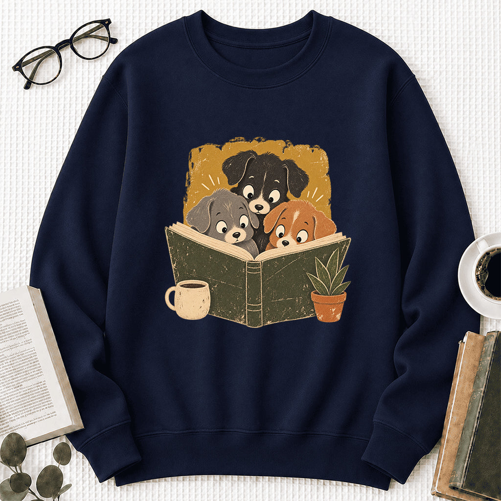 Minimal Japanese Dogs Reading Crewneck Sweatshirt | Reader Gift Navy
