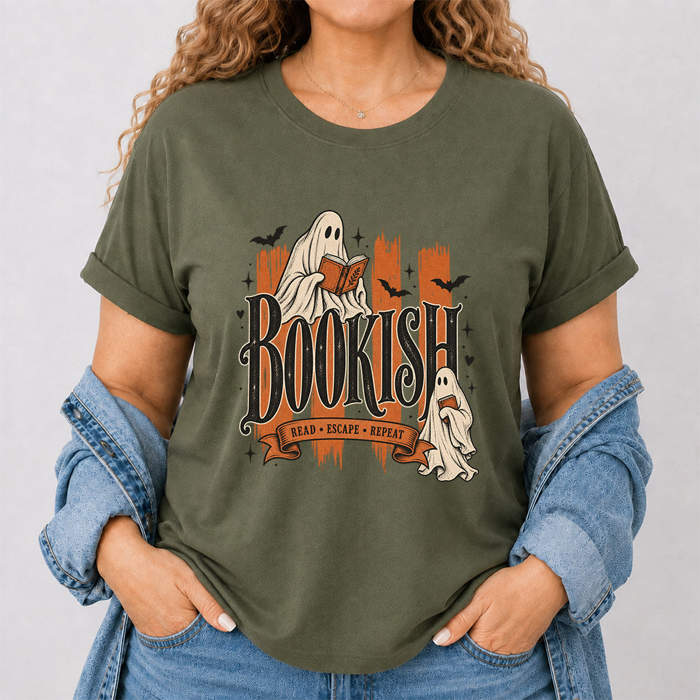 Bookish Read Escape Repeat Printed T-Shirt | Halloween Book Lover Gift Military Green