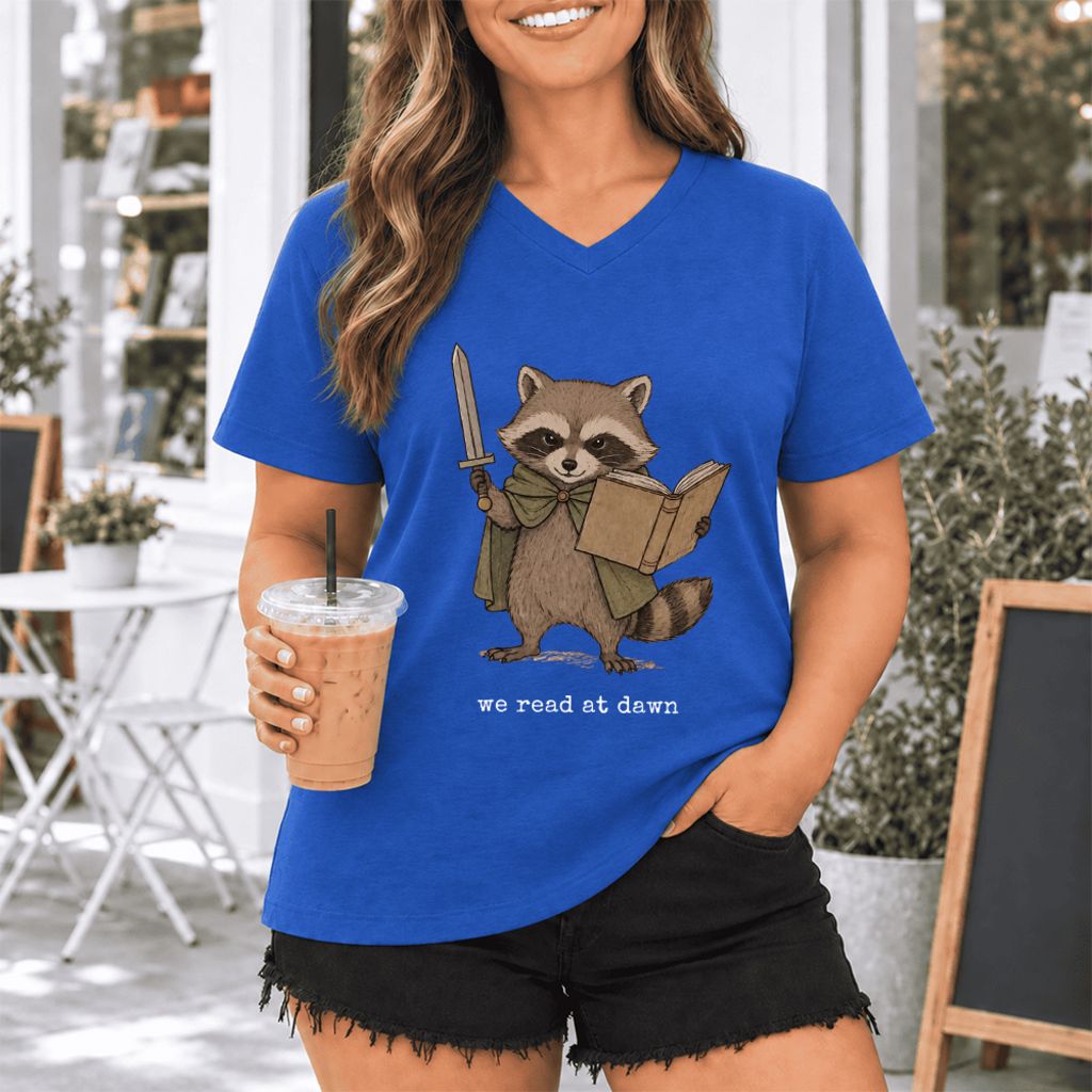 We Read At Dawn Funny Racoon Ultra-Soft V-Neck | Cozy Book Lover Gift True Royal
