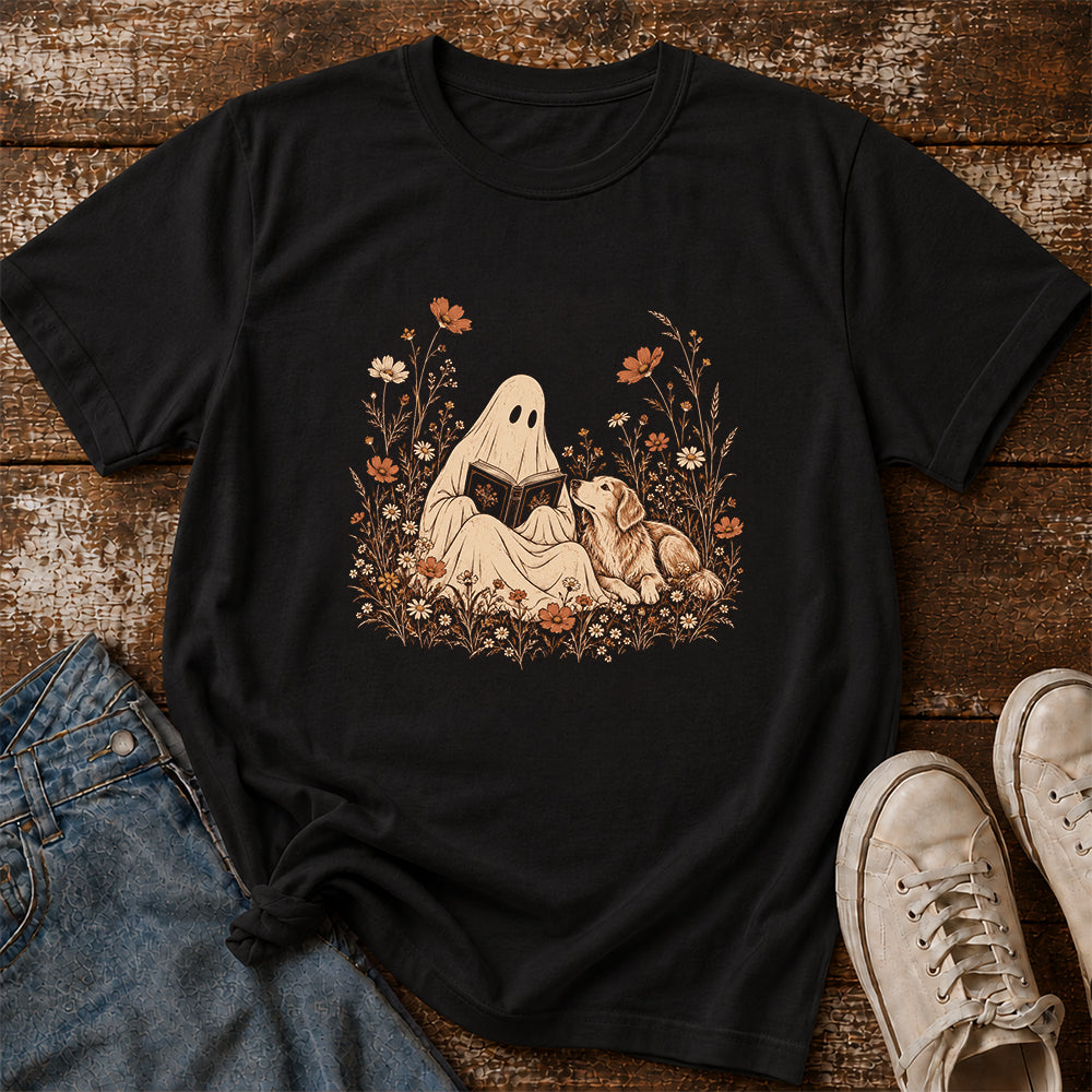 Ghost Wildflowers With Book And Golden Retriever Printed T-Shirt | Halloween Dog Lover Gift Black