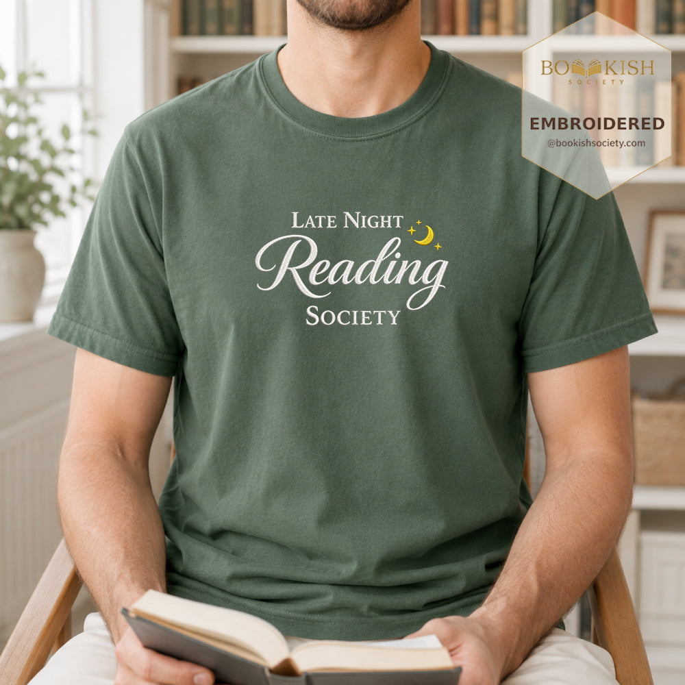 Late Night Reading Society Embroidered Comfort Color® T-shirt | Book Lover Gift Moss
