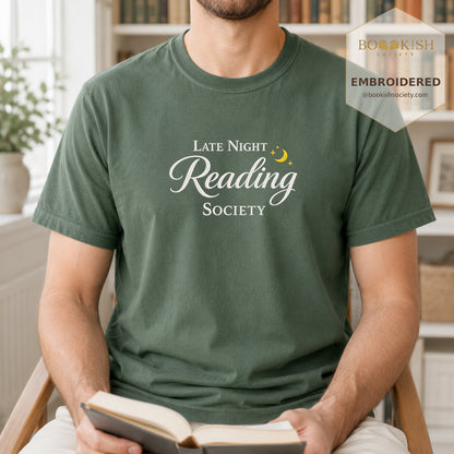 Late Night Reading Society Embroidered Comfort Color® T-shirt | Book Lover Gift Moss