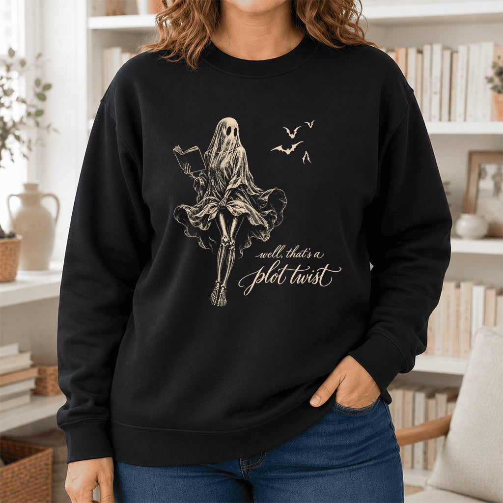 Funny Dress-Wearing Bookworm Ghost Printed Sweatshirt | Halloween Reader Gift Black