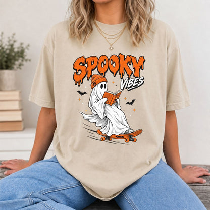 Spooky Vibes Printed T-Shirt | Halloween Book Lover Gift Sand