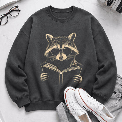 Raccoon Reading Book Crewneck Sweatshirt | Reader Gift Dark Heather