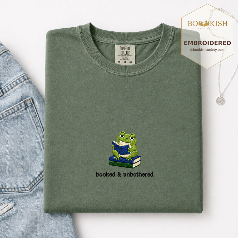 Booked and Unbothered Embroidered Comfort Color® T-shirt | Book Lover Gift Moss