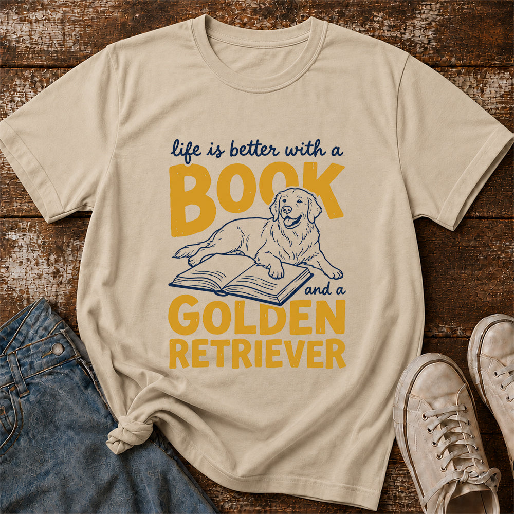 Life Is Better With A Book And A Golden Retriever Softstyle T-Shirt | Book Lover Gift Sand