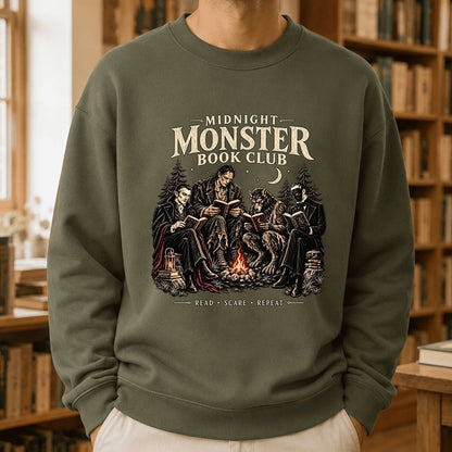 Midnight Monster Book Club Printed Sweatshirt | Halloween Book Lover Gift Military Green
