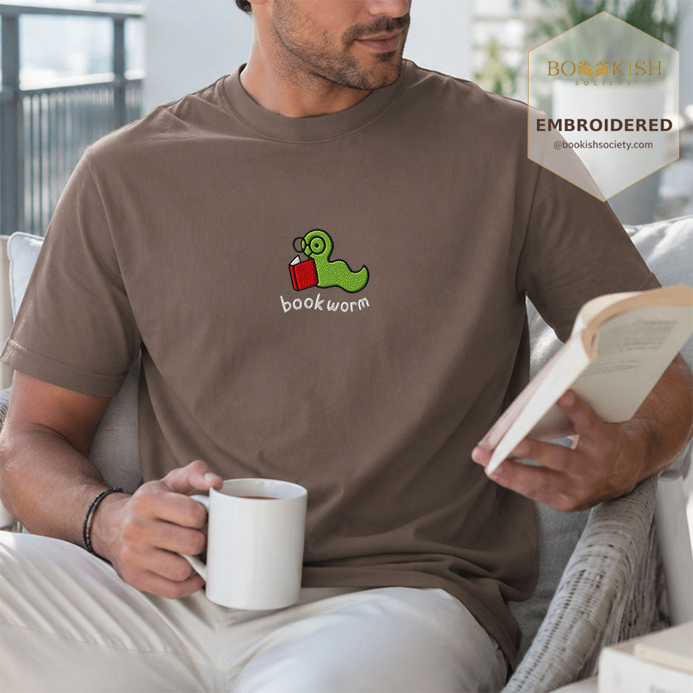 Embroidered Bookworm Comfort Color® T-shirt Book Lover Gift Espresso