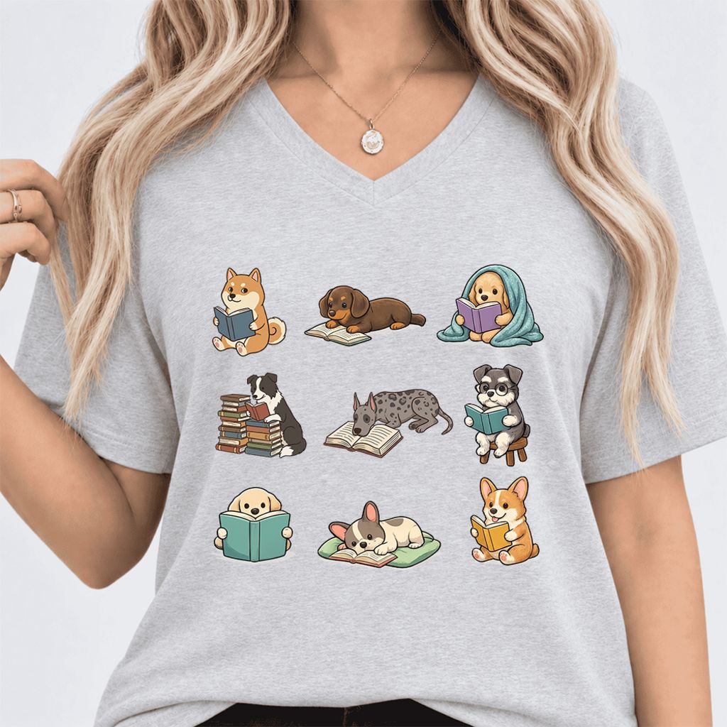 Funny Reading Dogs Ultra-Soft V-Neck | Dog Mom Reader Gift Ash