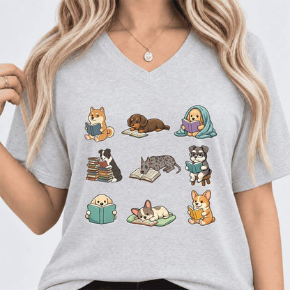 Funny Reading Dogs Ultra-Soft V-Neck | Dog Mom Reader Gift Ash