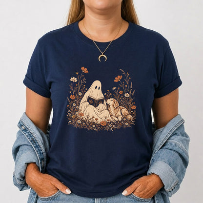 Ghost Wildflowers With Book And Golden Retriever Printed T-Shirt | Halloween Dog Lover Gift Navy