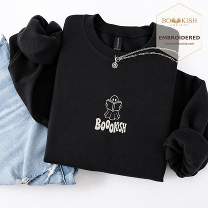 Bookish Ghost Embroidered Sweatshirt | Halloween Book Lover Gift Black