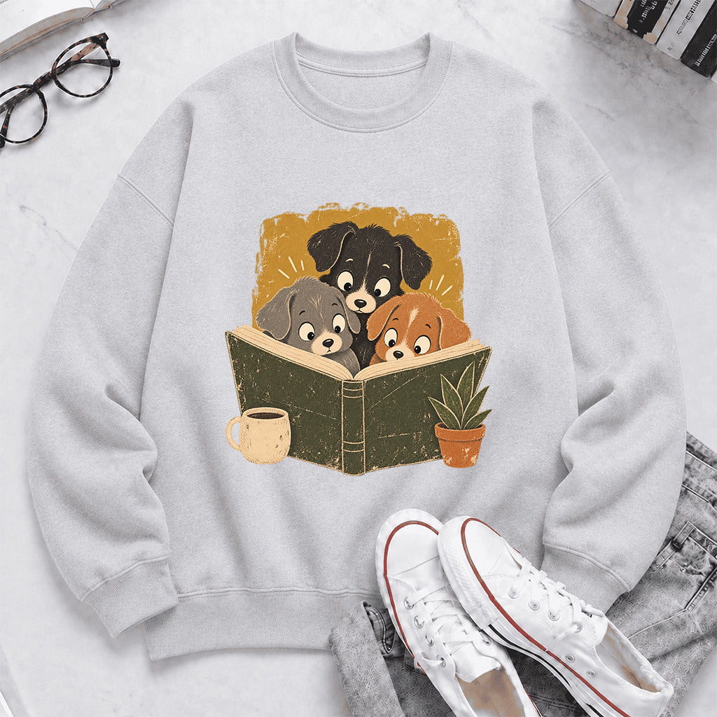 Minimal Japanese Dogs Reading Crewneck Sweatshirt | Reader Gift Sport Grey