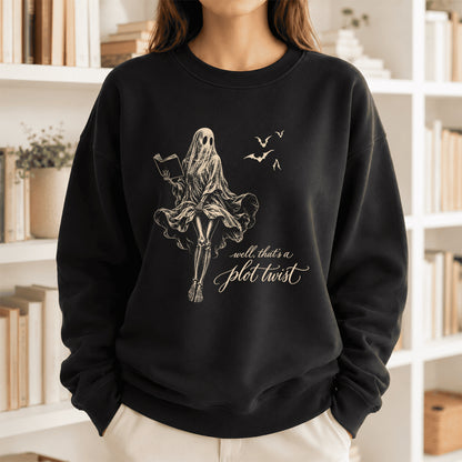 Funny Dress-Wearing Bookworm Ghost Printed Sweatshirt | Halloween Reader Gift Black