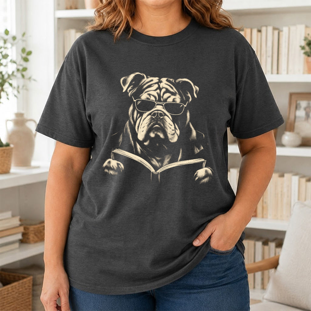 Bulldog Reading Book Softstyle T-Shirt | Book Lover Gift Dark Heather