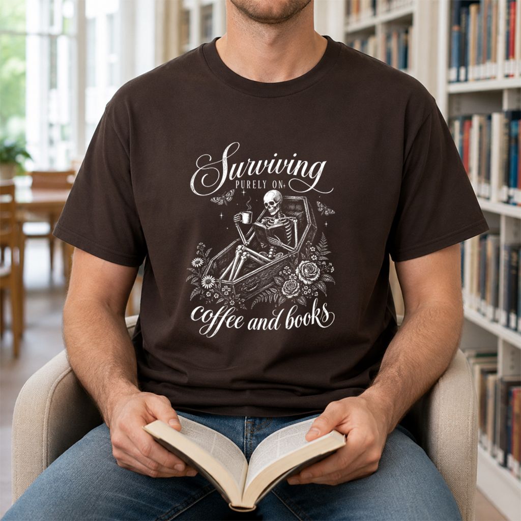 Surviving Purely On Coffee And Books Printed T-Shirt | Halloween Book Lover Gift Dark Chocolate