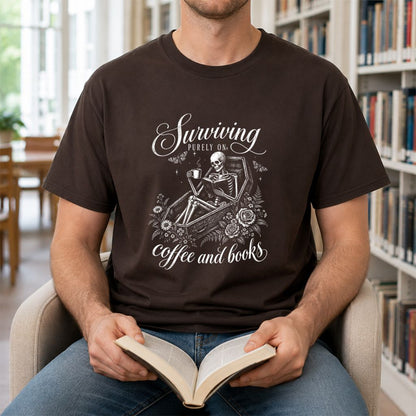 Surviving Purely On Coffee And Books Printed T-Shirt | Halloween Book Lover Gift Dark Chocolate