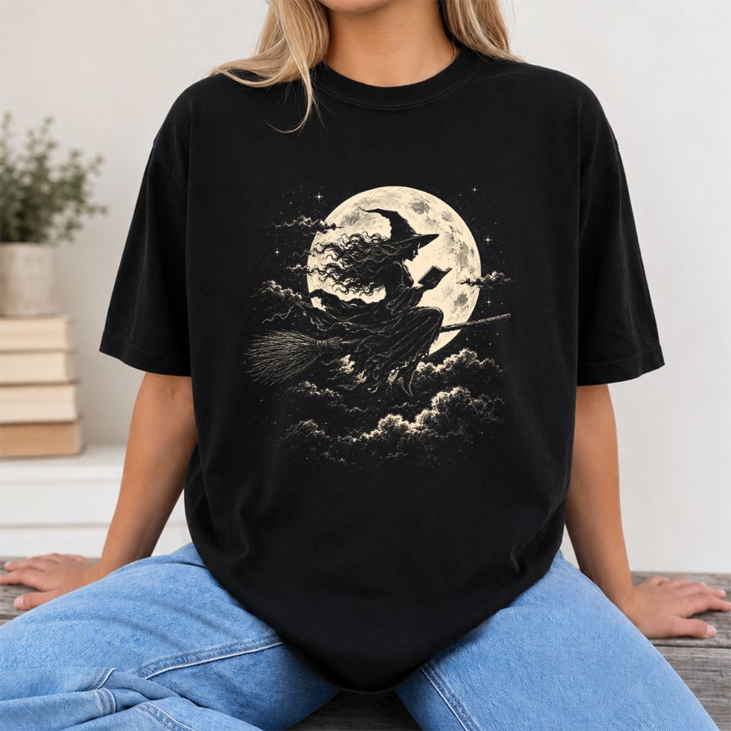 Reading Witch On The Flying Broom Printed T-Shirt | Halloween Book Lover Gift Black