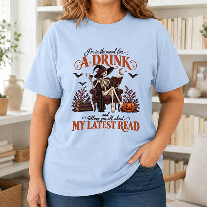 Telling You All About My Lastest Read Printed T-Shirt | Halloween Reader Gift Light Blue