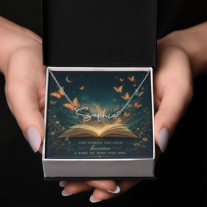The Stories You Love Decorative Card And Custom Name Polished Stainless Steel Necklace With Box Book Lover Gift Font 2