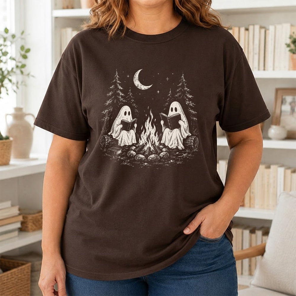 Camping Reading Ghosts Printed T-Shirt | Spooky Book Lover Gift Dark Chocolate