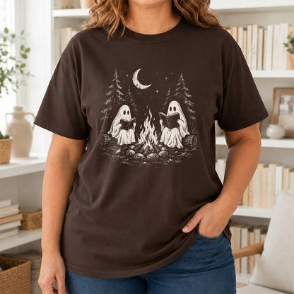 Camping Reading Ghosts Printed T-Shirt | Spooky Book Lover Gift Dark Chocolate