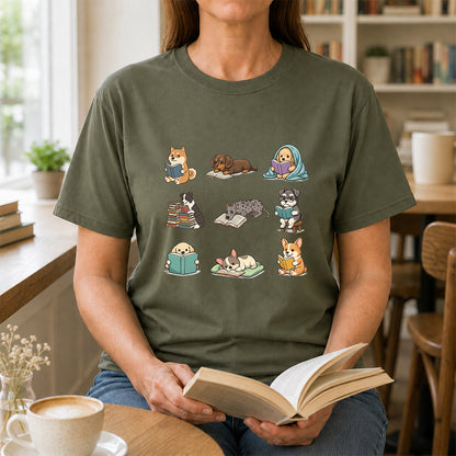 Funny Dogs Reading Softstyle T-Shirt | Book Lover Gift Military Green