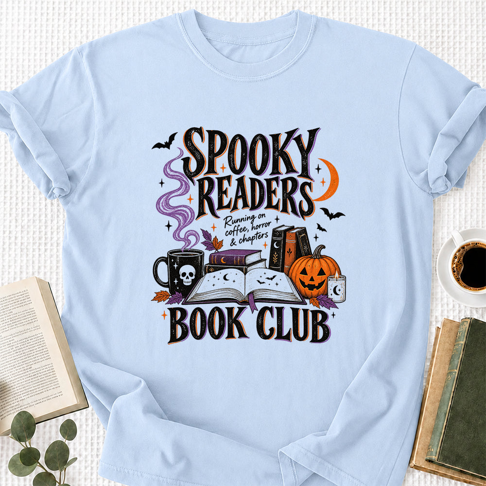 Spooky Readers Book Club Printed T-Shirt | Halloween Book Lover Gift Light Blue
