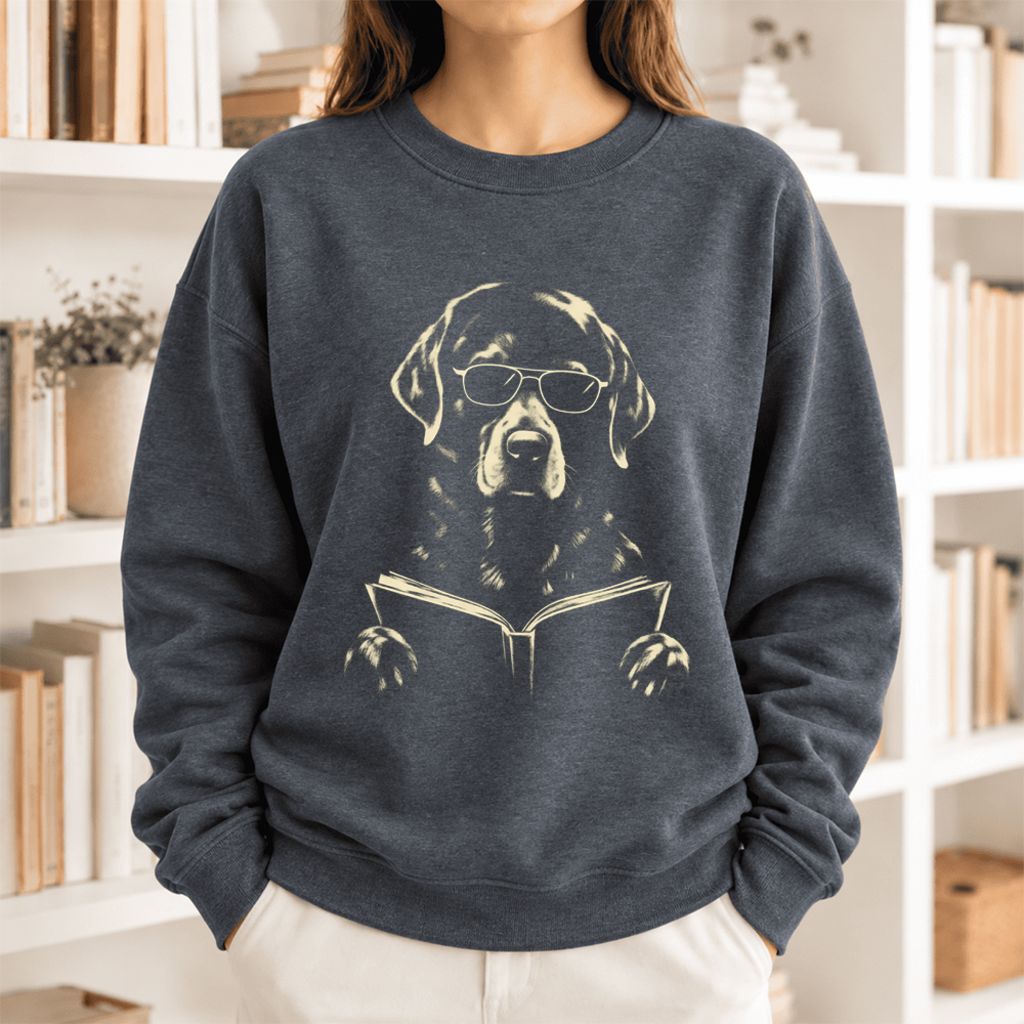 Labrador Retriever Reading Book Softstyle Sweatshirt | Dog Mom Reader Gift Dark Heather