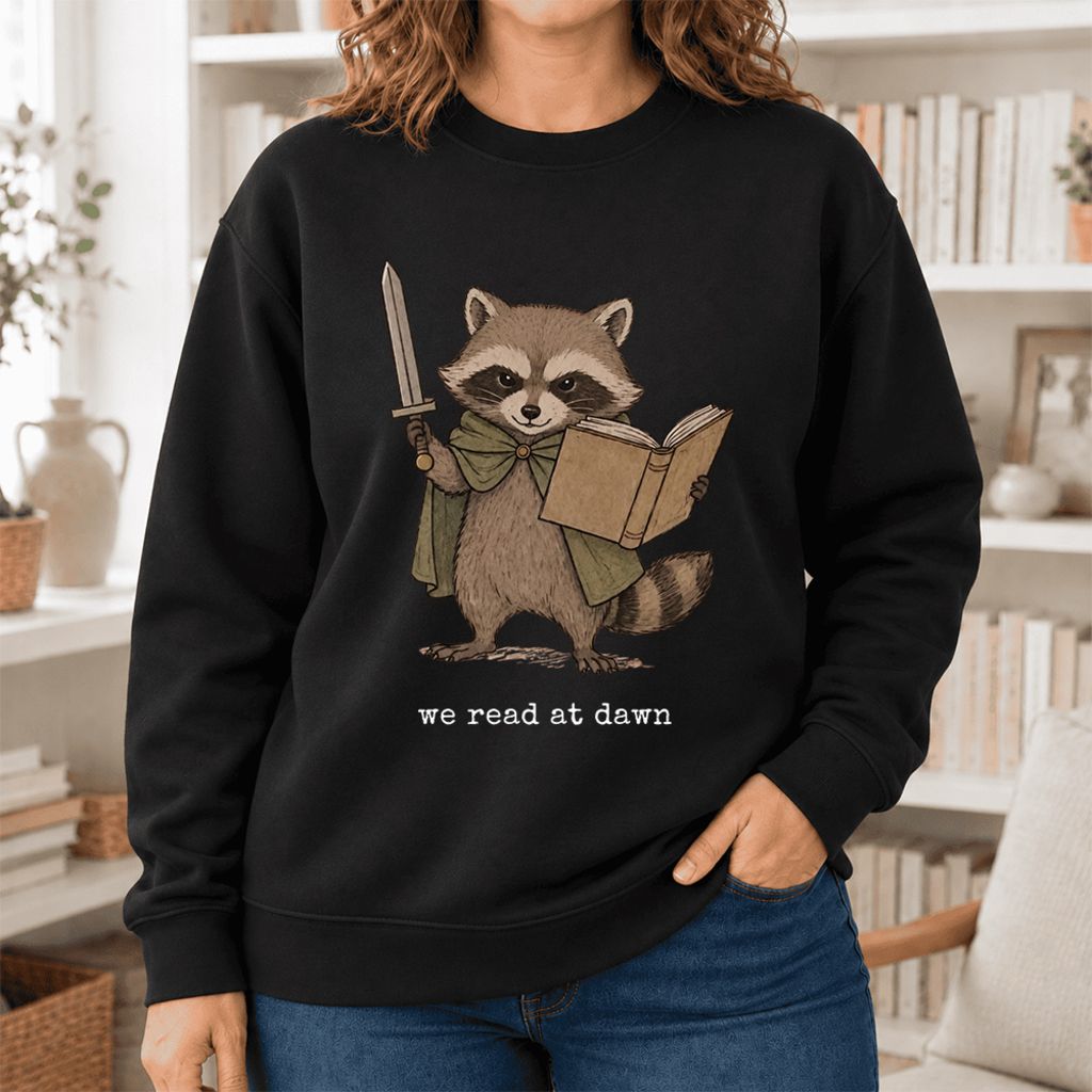 We Read At Dawn Funny Racoon Softstyle Sweatshirt | Cozy Book Lover Gift Black