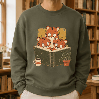 Minimal Japanese Tigers Reading Crewneck Sweatshirt | Reader Gift Military Green