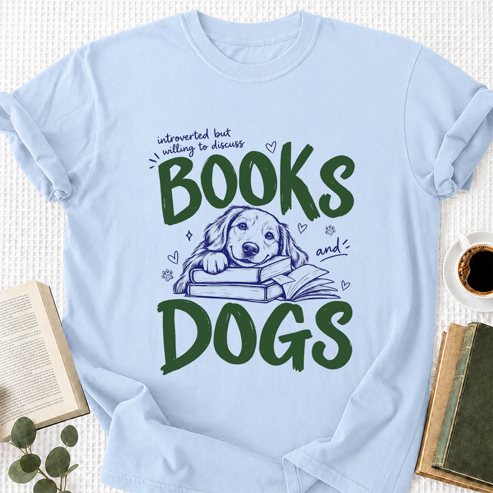 Introverted But Willing To Discuss Books And Dogs Cotton T-Shirt | Dogs Lover & Reader Gift Light Blue
