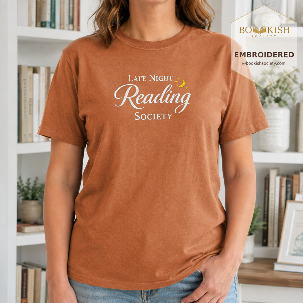 Late Night Reading Society Embroidered Comfort Color® T-shirt | Book Lover Gift Yam