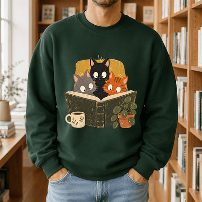 Minimal Japanese Cats Reading Crewneck Sweatshirt | Reader Gift Forest Green