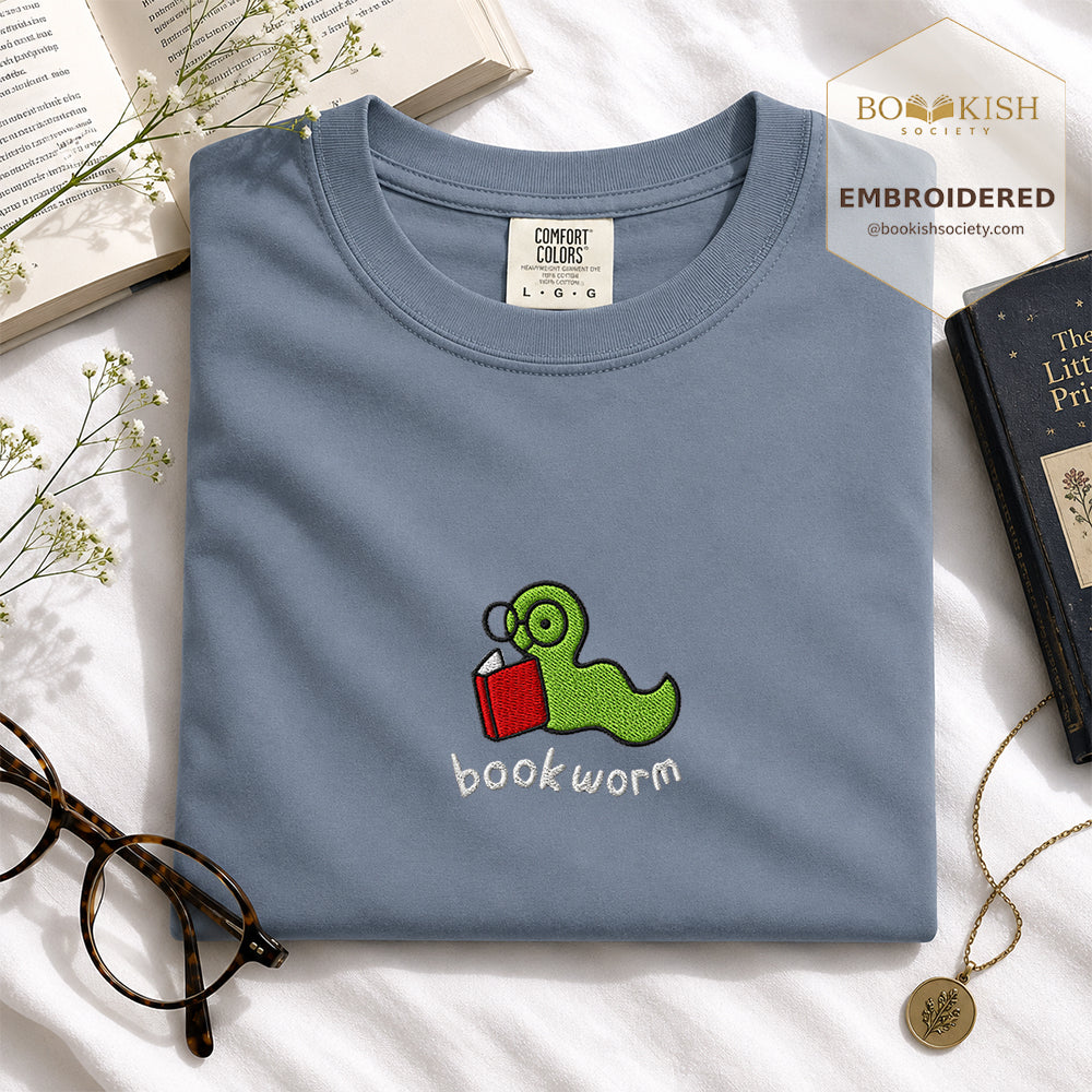 Embroidered Bookworm Comfort Color® T-shirt Book Lover Gift Blue Jean